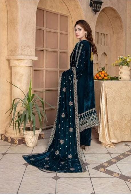 Mah Meer dark teal blue Velvet formal wear