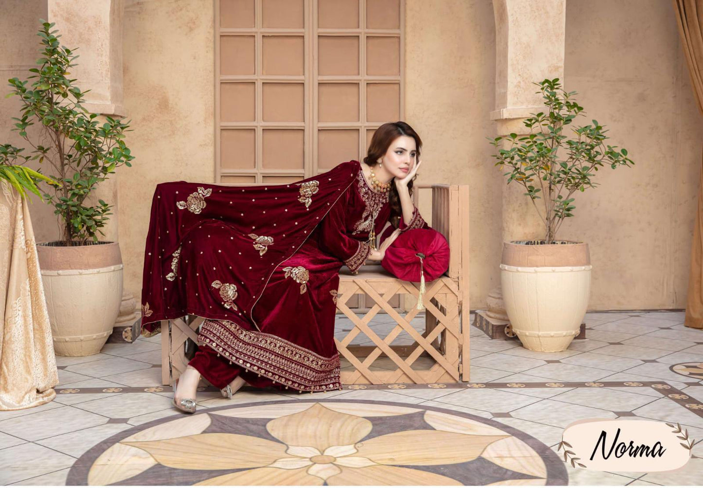Mah Meer Maroon Velvet formal wear