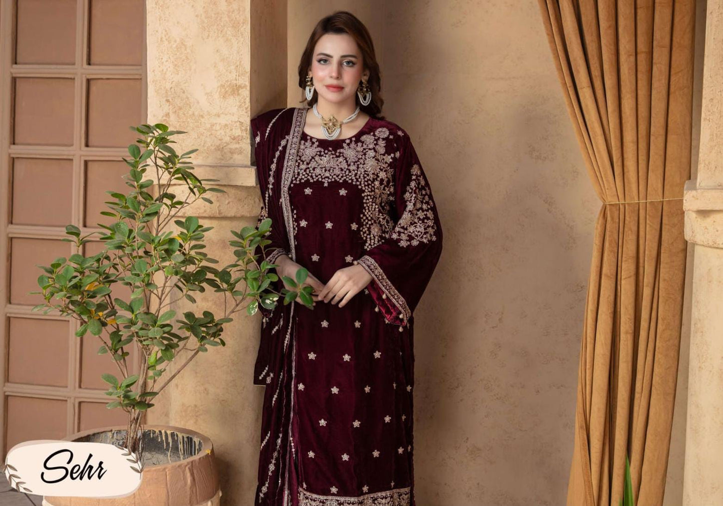 Mah Meer Deep Maroon Velvet formal wear