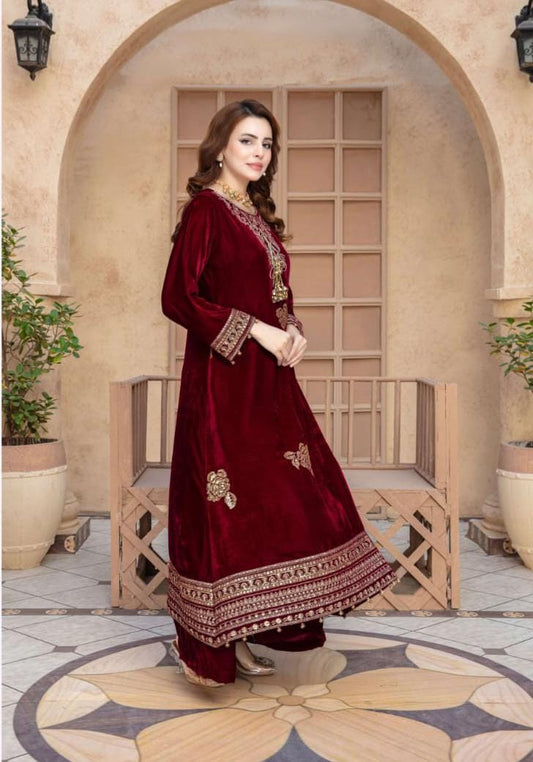 Mah Meer Maroon Velvet formal wear