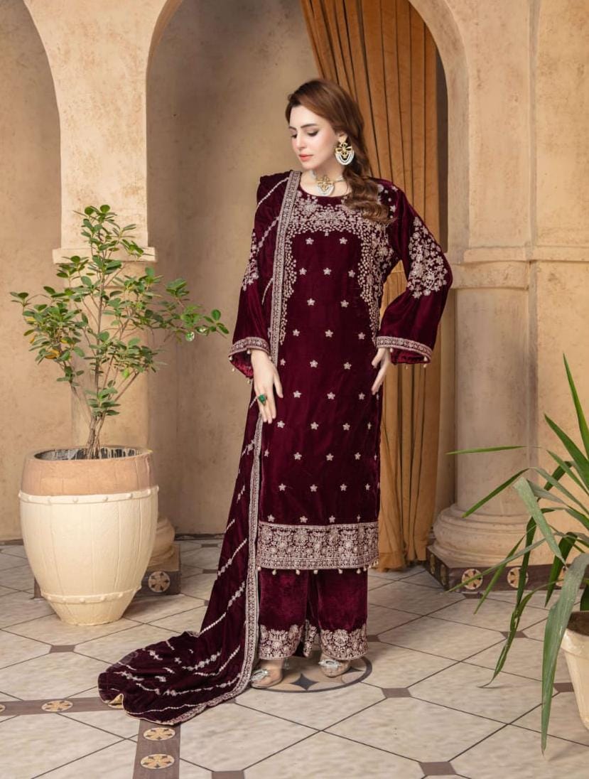 Mah Meer Deep Maroon Velvet formal wear