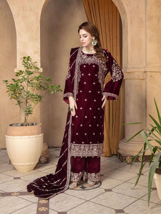 Mah Meer Deep Maroon Velvet formal wear