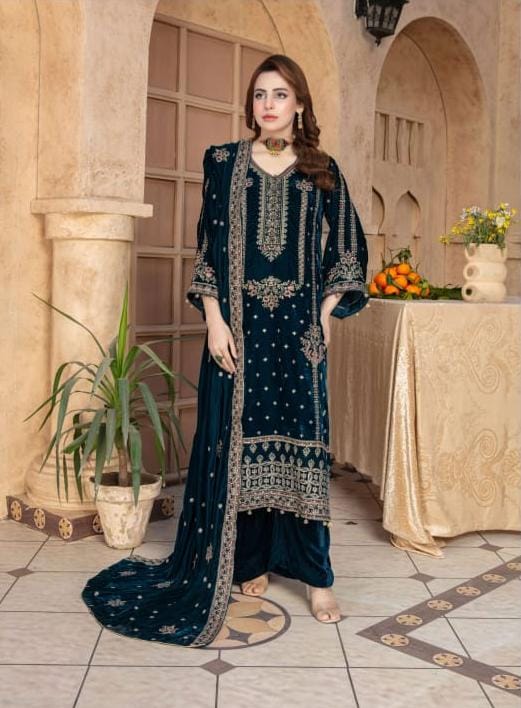 Mah Meer dark teal blue Velvet formal wear