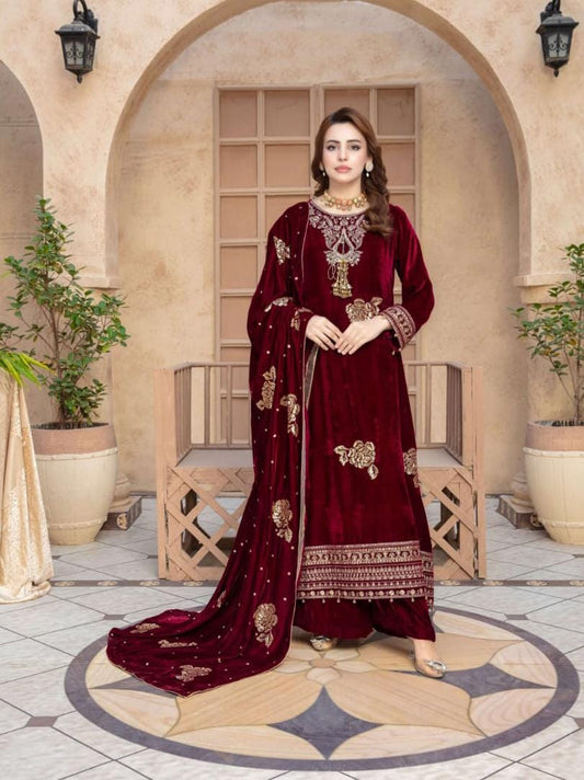 Mah Meer Maroon Velvet formal wear